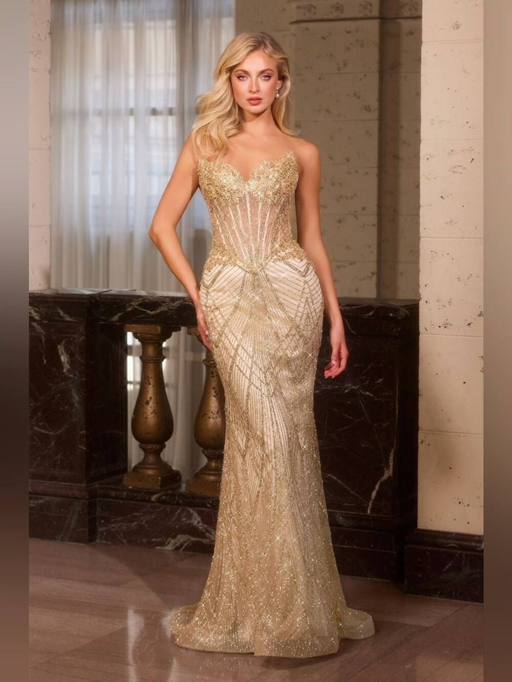 Strapless Gold Sequin Beaded Prom Gown By Ladivine J888